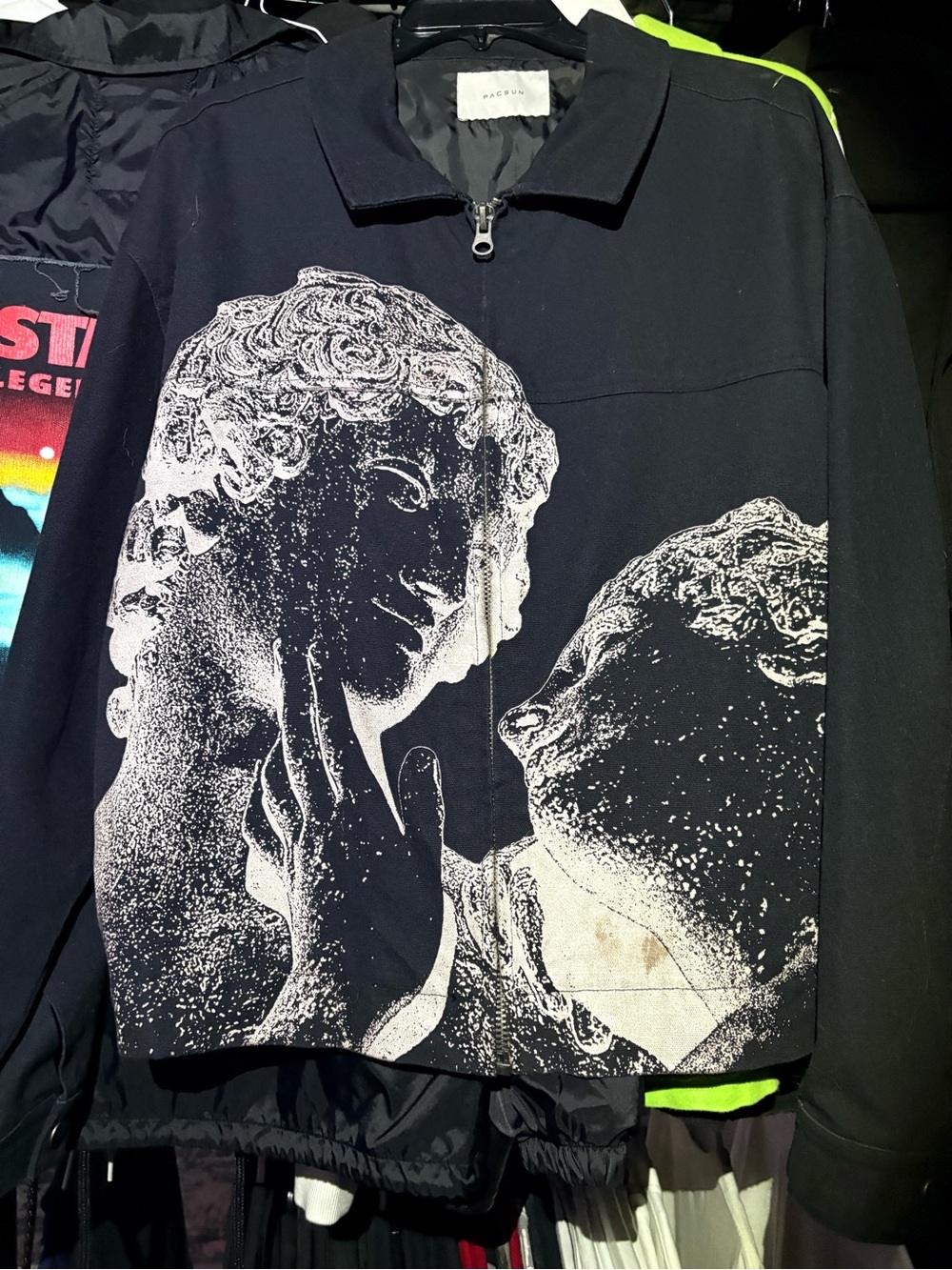 PacSun Men's Black Zip Jacket with White Statue Graphic
